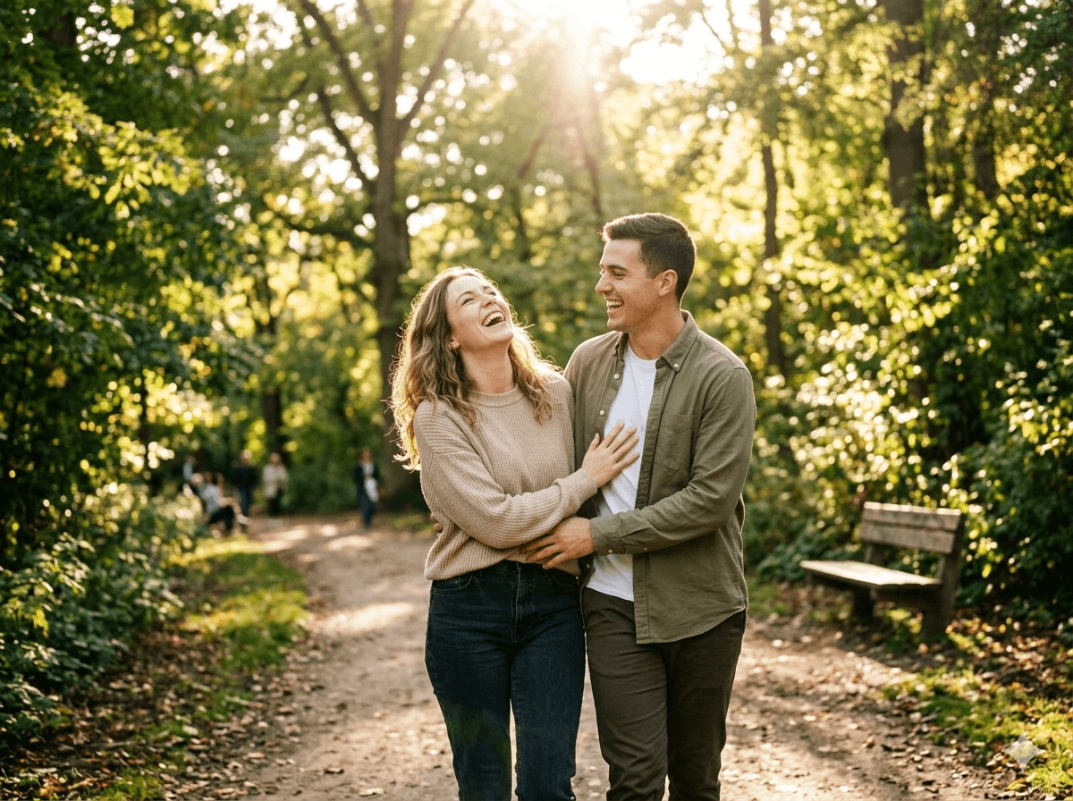 Couple laughing in park